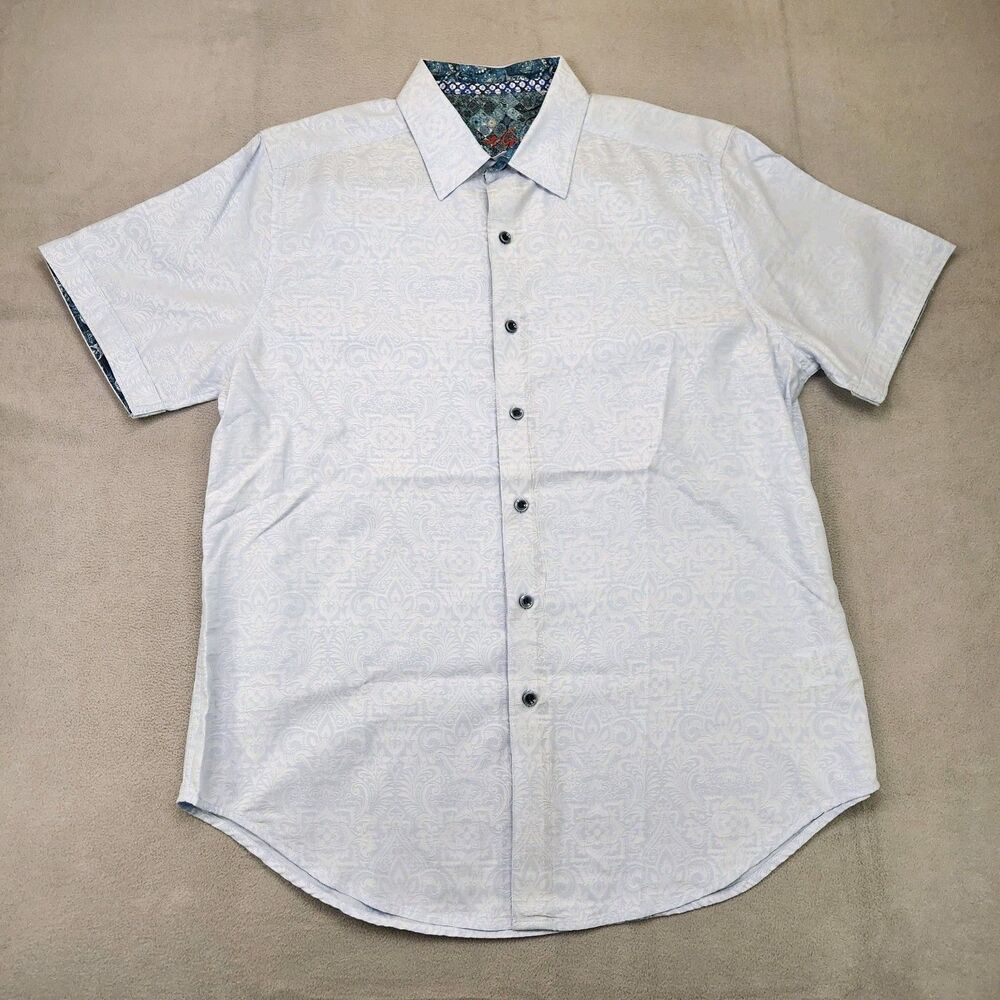 Robert Graham Button Up Shirt Men's XL Blue Paisley Floral Short Sleeve Cotton